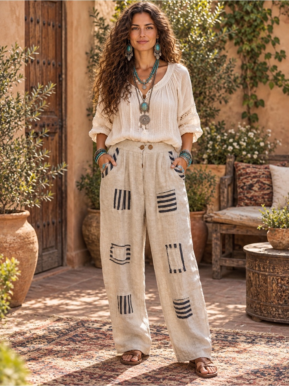 NWT Paper Lace L w14-18 Striped Patchwork Wide-Leg Linen Pants Natural Navy
